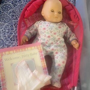 American Girl Bitty Baby Doll with Pink bouncer and Floral Pajamas with Book